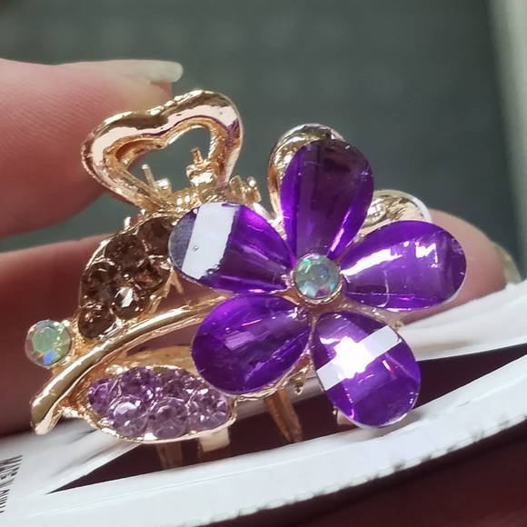 NWT Small Purple Gems & Rose Gold Enamel Flower Hair Clip! - Picture 8 of 16
